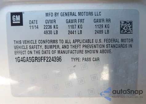 2015 Buick Lacrosse z USA, uszkodzony, nr VIN 1G4GA5GR9FF224396